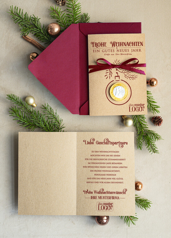 cartes avec pendentif en plexi doré Carte de Noël exclusive avec pièce en chocolat et ruban, cartes de Noël d'entreprise, avec rubans, personnalisées pour entreprises 11/PraGoldS/Wkten