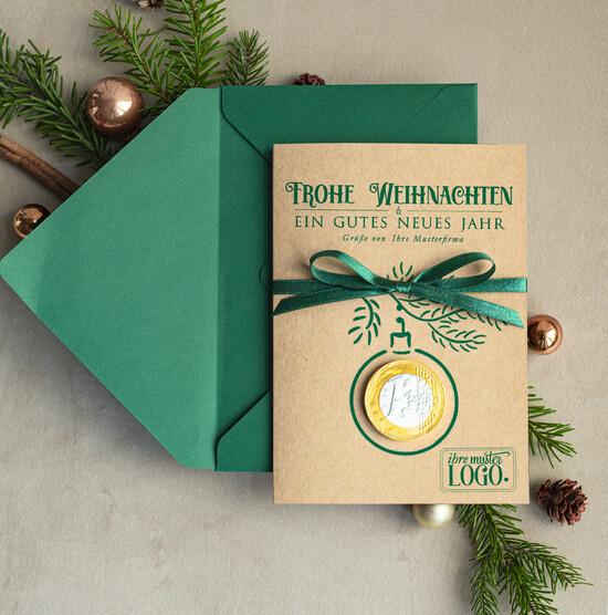 cartes avec pendentif en plexi doré Carte de Noël exclusive avec pièce en chocolat avec nœud, cartes de Noël d'entreprise, avec rubans, personnalisées pour entreprises 03/PraGoldS/Wkten