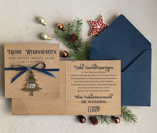 cartes avec pendentif en plexi doré Carte de Noël exclusive avec pendentif en plexi doré, avec nœud, cartes de Noël d'entreprise, avec rubans, personnalisées pour entreprises 05/goldPA/Wkten
