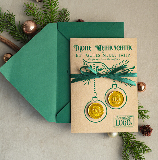 cartes avec pendentif en plexi doré Carte de Noël exclusive avec pièce en chocolat avec nœud, cartes de Noël d'entreprise, avec rubans, personnalisées pour entreprises 01/PraGoldS/Wkten