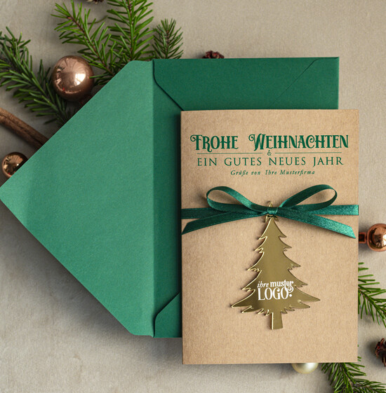 cartes avec pendentif en plexi doré Carte de Noël exclusive avec pendentif en plexi doré, avec nœud, cartes de Noël d'entreprise, avec rubans, personnalisées pour entreprises 02/goldPA/Wkten