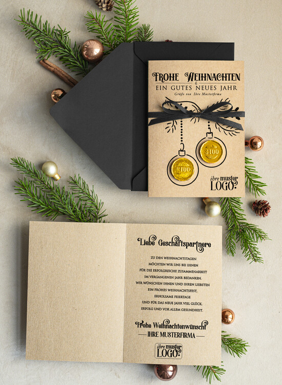 cartes avec pendentif en plexi doré Carte de Noël exclusive avec pièce en chocolat et ruban, cartes de Noël d'entreprise, avec rubans, personnalisées pour entreprises 06/PraGoldS/Wkten