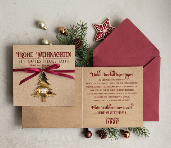 cartes avec pendentif en plexi doré Carte de Noël exclusive avec pendentif en plexi doré, avec nœud, cartes de Noël d'entreprise, avec rubans, personnalisées pour entreprises 03/goldPA/Wkten