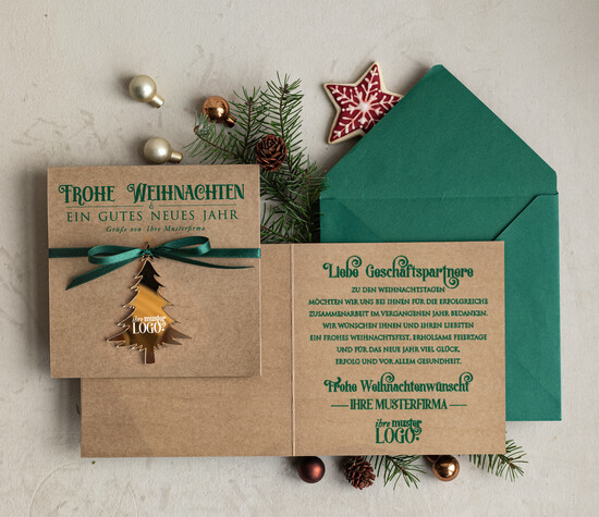 cartes avec pendentif en plexi doré Carte de Noël exclusive avec pendentif en plexi doré, avec nœud, cartes de Noël d'entreprise, avec rubans, personnalisées pour entreprises 04/goldPA/Wkten