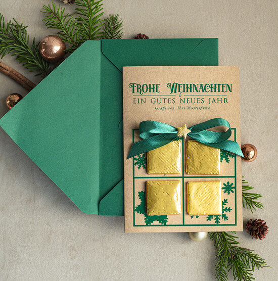 cartes avec pendentif en plexi doré Carte de Noël exclusive avec pièce en chocolat avec nœud, cartes de Noël d'entreprise, avec rubans, personnalisées pour entreprises 02/PraGoldS/Wkten