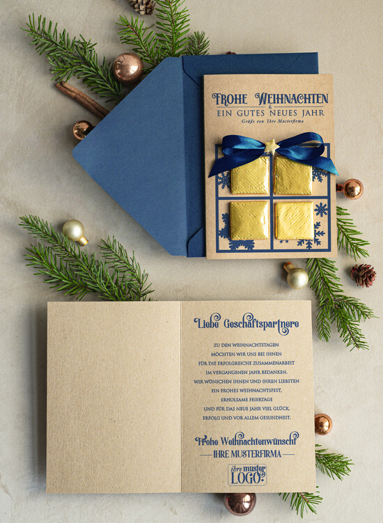 cartes avec pendentif en plexi doré Carte de Noël exclusive avec pièce en chocolat et ruban, cartes de Noël d'entreprise, avec rubans, personnalisées pour entreprises 07/PraGoldS/Wkten