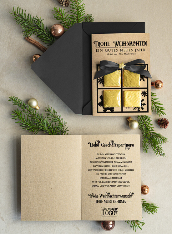 cartes avec pendentif en plexi doré Carte de Noël exclusive avec pièce en chocolat et ruban, cartes de Noël d'entreprise, avec rubans, personnalisées pour entreprises 09/PraGoldS/Wkten