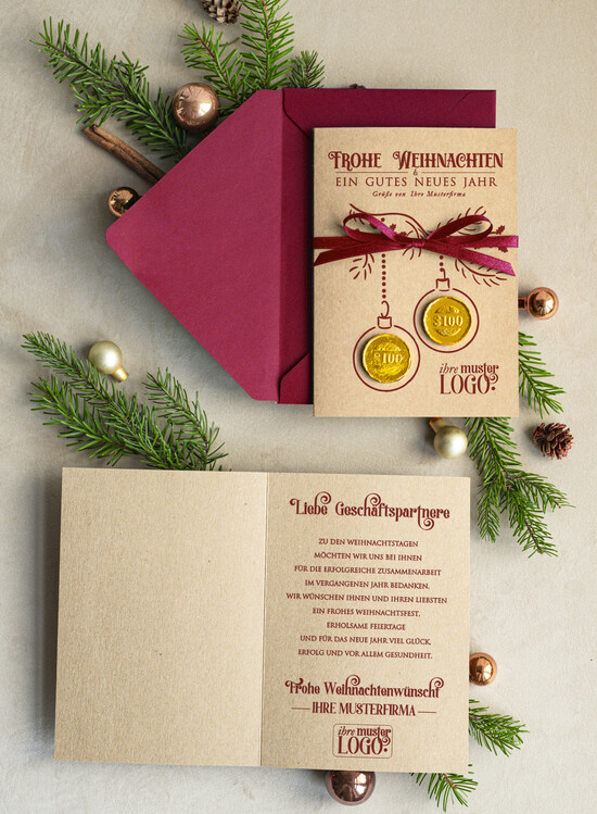cartes avec pendentif en plexi doré Carte de Noël exclusive avec pièce en chocolat et ruban, cartes de Noël d'entreprise, avec rubans, personnalisées pour entreprises 05/PraGoldS/Wkten
