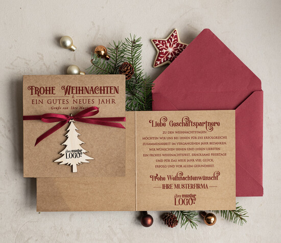 cartes avec pendentif en bois Carte de Noël exclusive avec pendentif en bois et ruban, Cartes de Noël d'entreprise, avec rubans, Personnalisées pour entreprises 01/ecoAh/Wkten
