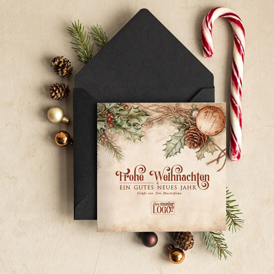cartes rétro Cartes de Noël rétro pour partenaires commerciaux avec logo, Cartes de Noël pour partenaires commerciaux, Carte de Noël d'entreprise avec enveloppe, Cartes de Noël avec logo d'entreprise et texte 06/retro/Wkten
