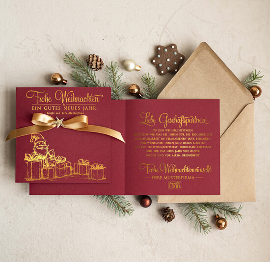 cartes ruban satin doré Cartes de Noël avec dorure à chaud, Cartes de Noël exclusives avec ruban, Carte de Noël d'entreprise raffinée, Cartes de Noël avec ruban satin, Cartes de Noël personnalisées pour entreprises 02/stgold/Wkten