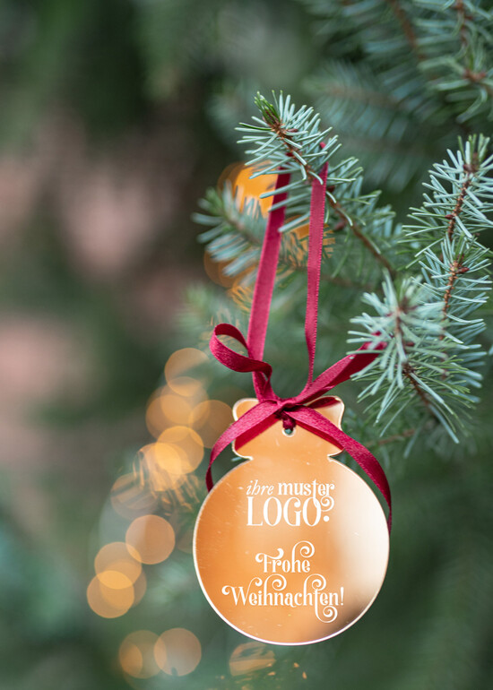 étiquette étiquette dorée Étiquettes de Noël exclusives avec logo d'entreprise personnalisé, pendentif en plexi doré avec ruban, cartes de Noël d'entreprise, avec rubans, personnalisées pour entreprises 04/goldWA/tag