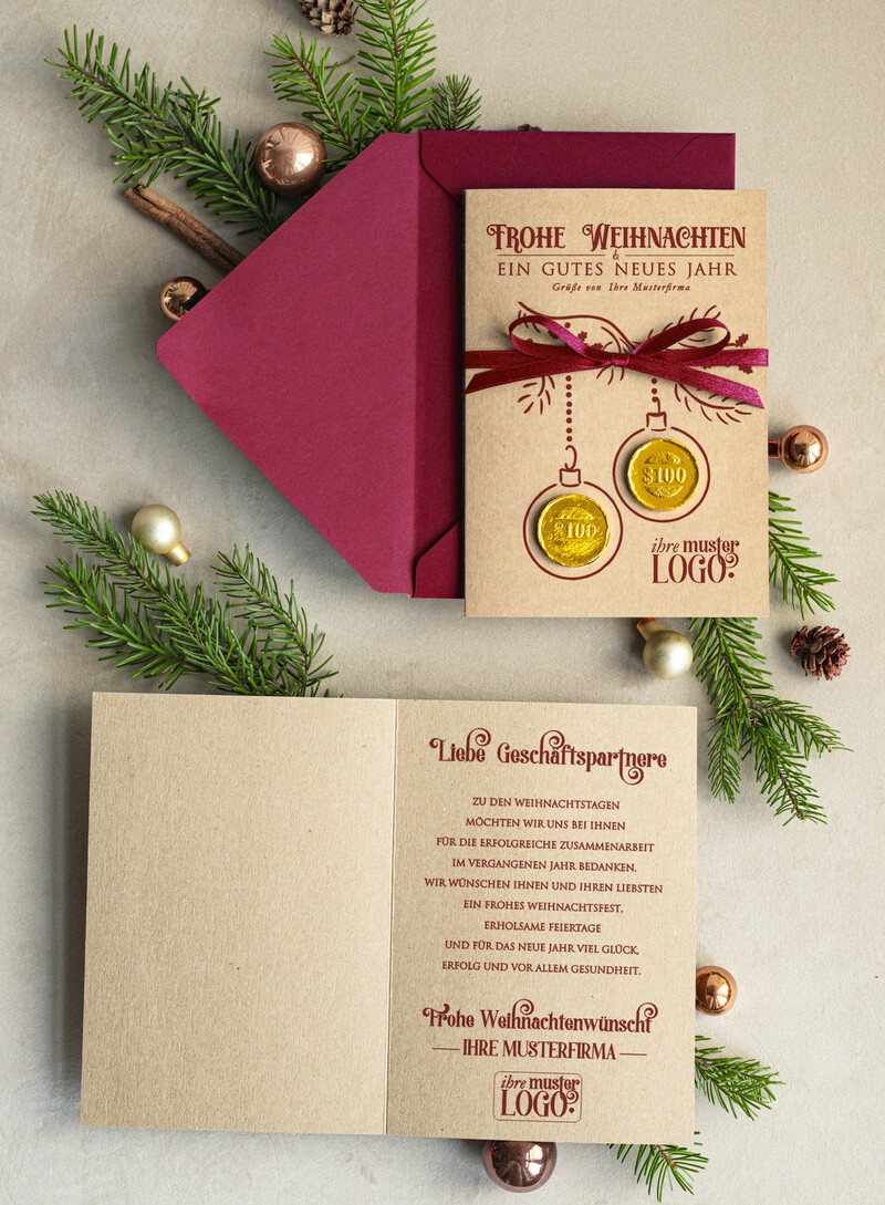 karten mit goldener Plexi-Anhänger Exklusive Weihnachtskarte mit Schokoladen-Taler mit Schleife, Firmen-Weihnachtskarten, mit Bändern, Individuelle für Firmen