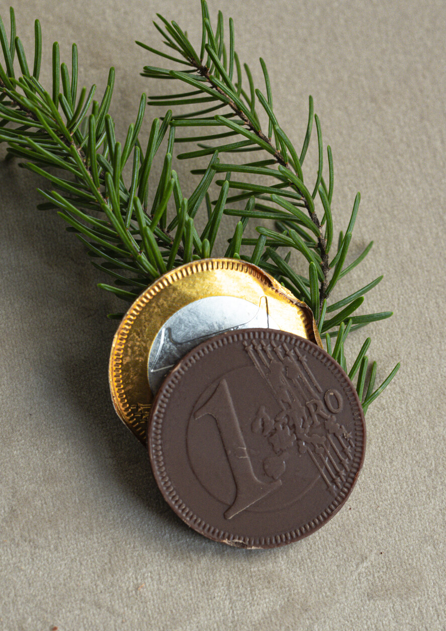 cartes avec pendentif en plexi doré Carte de Noël exclusive avec pièce en chocolat et ruban, cartes de Noël d'entreprise, avec rubans, personnalisées pour entreprises