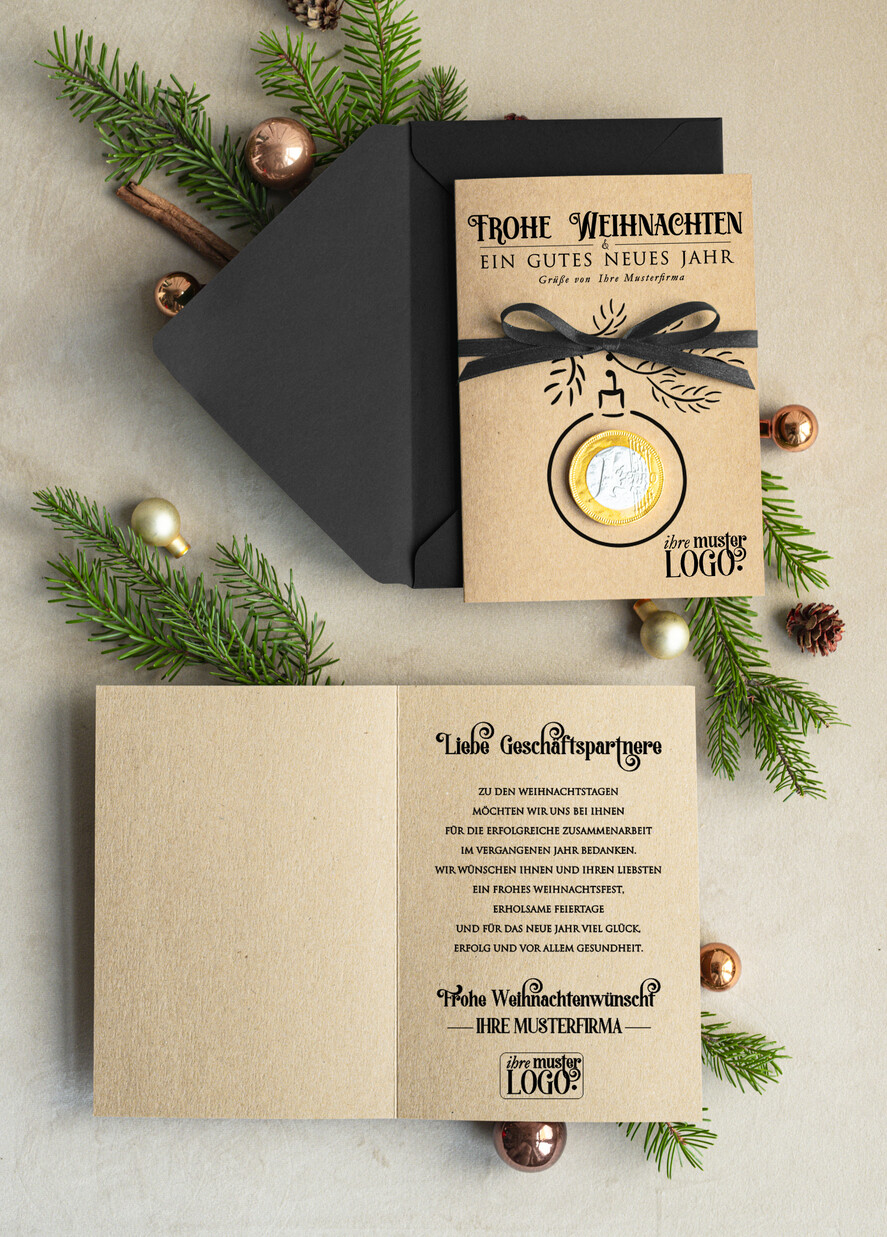 cartes avec pendentif en plexi doré Carte de Noël exclusive avec pièce en chocolat et ruban, cartes de Noël d'entreprise, avec rubans, personnalisées pour entreprises