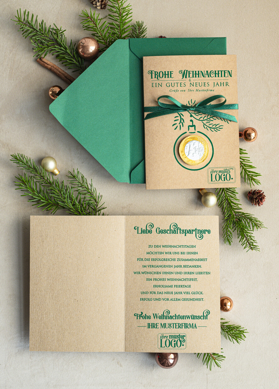 cartes avec pendentif en plexi doré Carte de Noël exclusive avec pièce en chocolat avec nœud, cartes de Noël d'entreprise, avec rubans, personnalisées pour entreprises