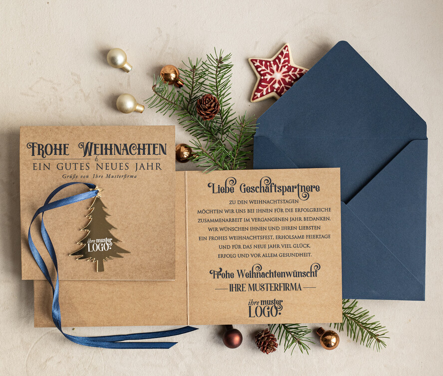 cartes avec pendentif en plexi doré Carte de Noël exclusive avec pendentif en plexi doré, avec nœud, cartes de Noël d'entreprise, avec rubans, personnalisées pour entreprises