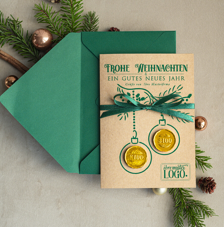 cartes avec pendentif en plexi doré Carte de Noël exclusive avec pièce en chocolat avec nœud, cartes de Noël d'entreprise, avec rubans, personnalisées pour entreprises