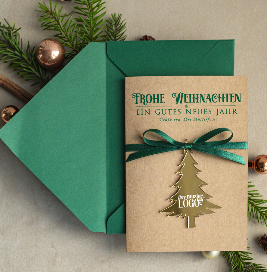 cartes avec pendentif en plexi doré Carte de Noël exclusive avec pendentif en plexi doré, avec nœud, cartes de Noël d'entreprise, avec rubans, personnalisées pour entreprises