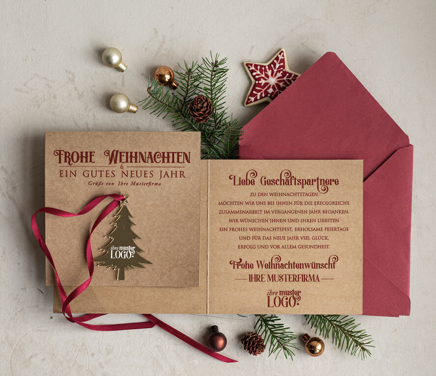 cartes avec pendentif en plexi doré Carte de Noël exclusive avec pendentif en plexi doré, avec nœud, cartes de Noël d'entreprise, avec rubans, personnalisées pour entreprises