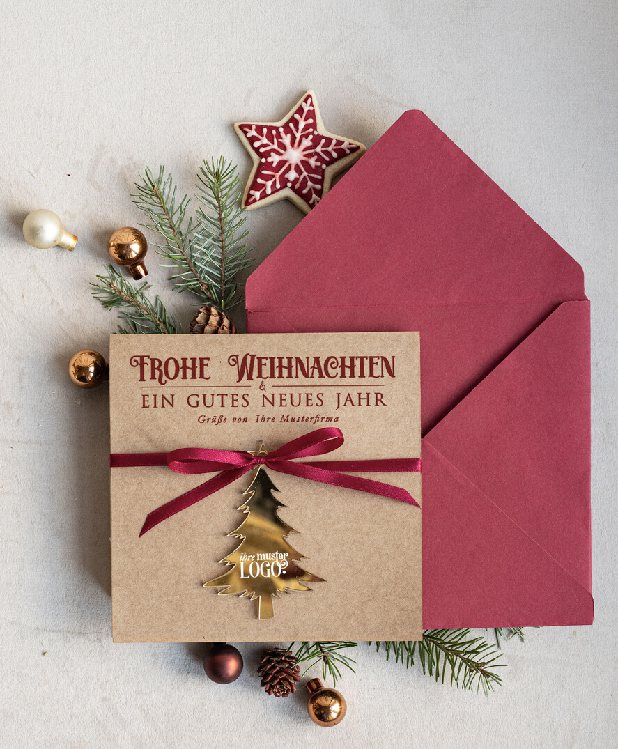 cartes avec pendentif en plexi doré Carte de Noël exclusive avec pendentif en plexi doré, avec nœud, cartes de Noël d'entreprise, avec rubans, personnalisées pour entreprises