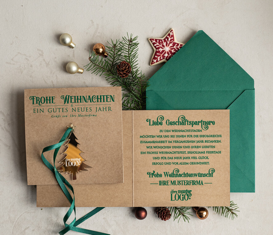 cartes avec pendentif en plexi doré Carte de Noël exclusive avec pendentif en plexi doré, avec nœud, cartes de Noël d'entreprise, avec rubans, personnalisées pour entreprises