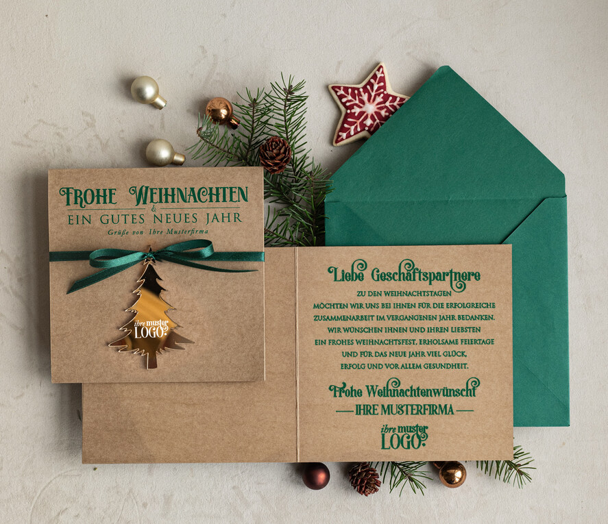 cartes avec pendentif en plexi doré Carte de Noël exclusive avec pendentif en plexi doré, avec nœud, cartes de Noël d'entreprise, avec rubans, personnalisées pour entreprises