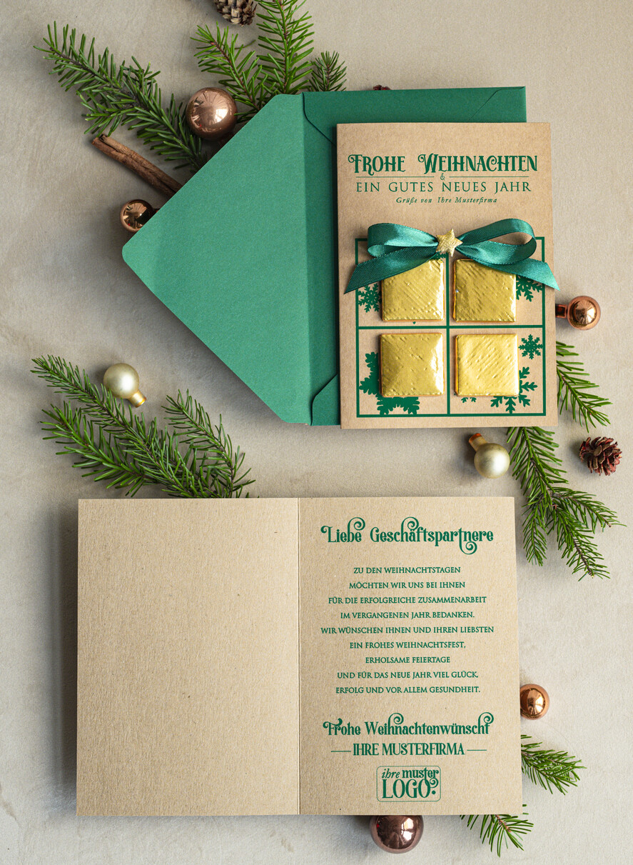 cartes avec pendentif en plexi doré Carte de Noël exclusive avec pièce en chocolat avec nœud, cartes de Noël d'entreprise, avec rubans, personnalisées pour entreprises
