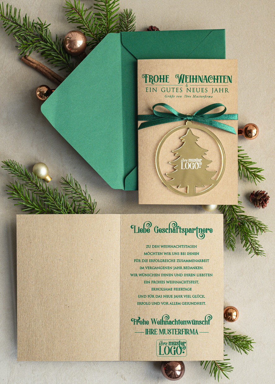 cartes avec pendentif en plexi doré Carte de Noël exclusive avec pendentif en plexi doré, avec nœud, cartes de Noël d'entreprise, avec rubans, personnalisées pour entreprises