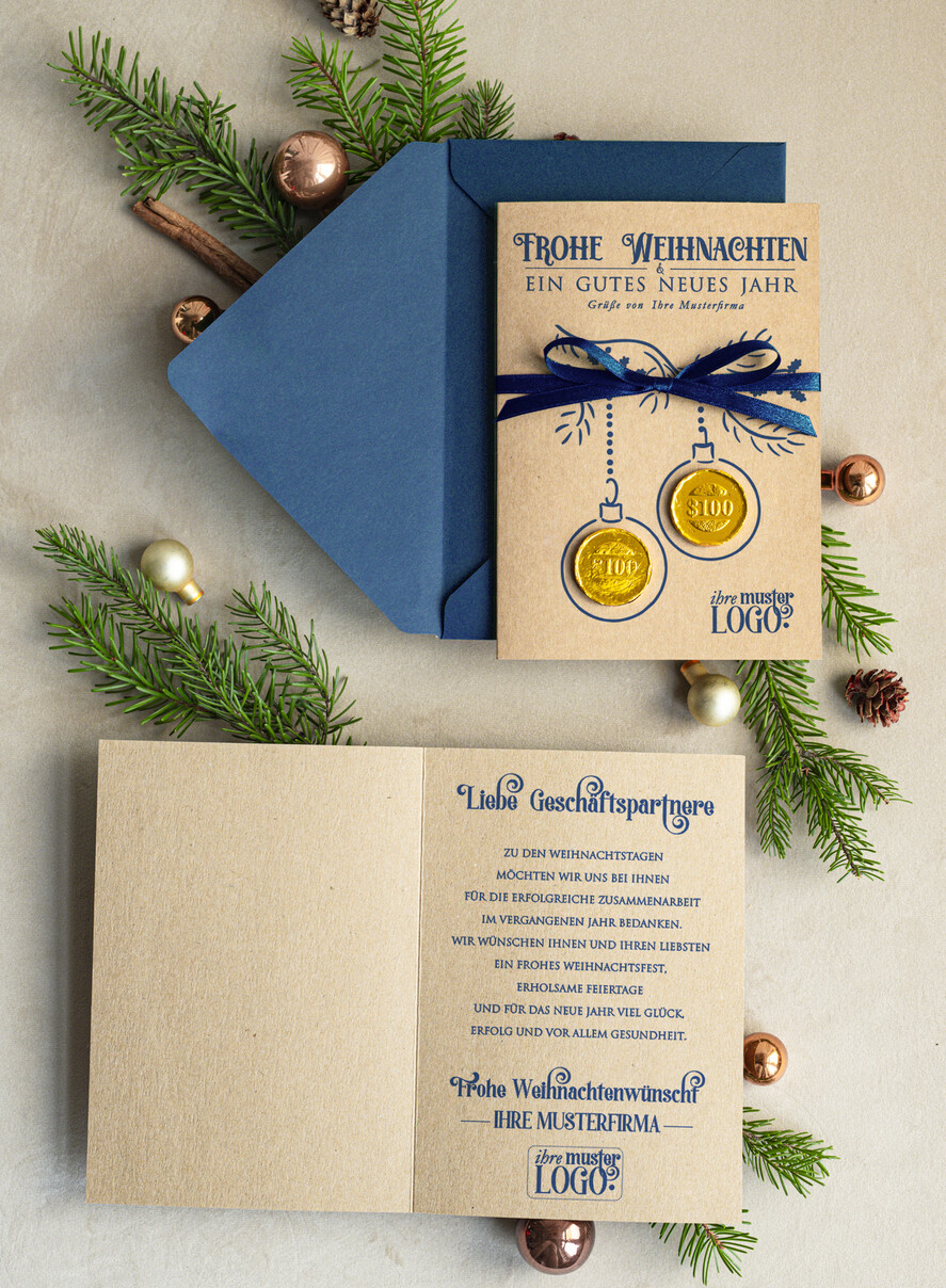 cartes avec pendentif en plexi doré Carte de Noël exclusive avec pièce en chocolat et ruban, cartes de Noël d'entreprise, avec rubans, personnalisées pour entreprises