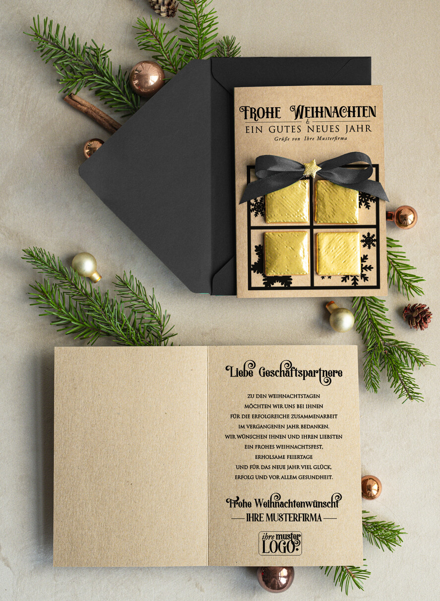 cartes avec pendentif en plexi doré Carte de Noël exclusive avec pièce en chocolat et ruban, cartes de Noël d'entreprise, avec rubans, personnalisées pour entreprises