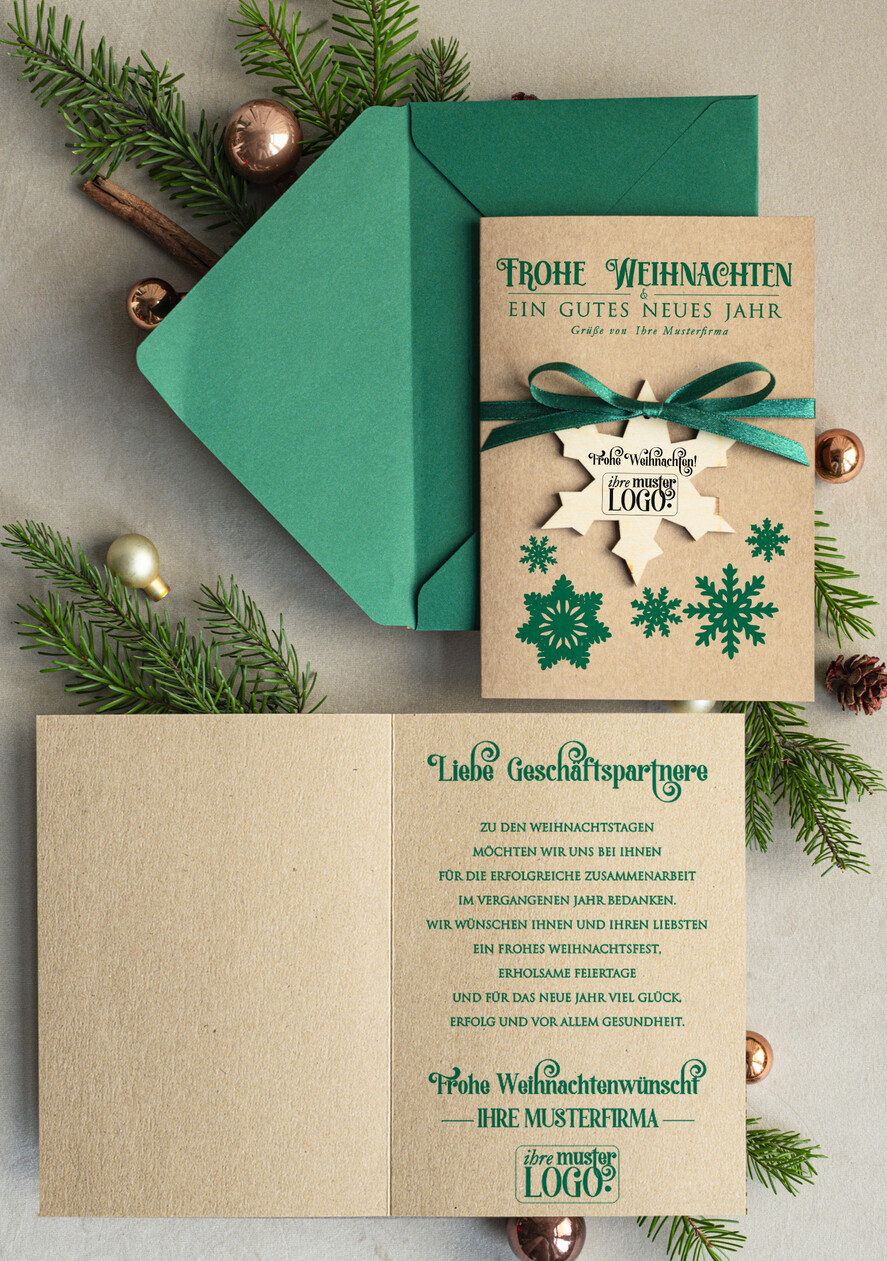 cartes avec pendentif en bois Carte de Noël exclusive avec pendentif en bois avec nœud, cartes de Noël d'entreprise, avec rubans, personnalisées pour entreprises