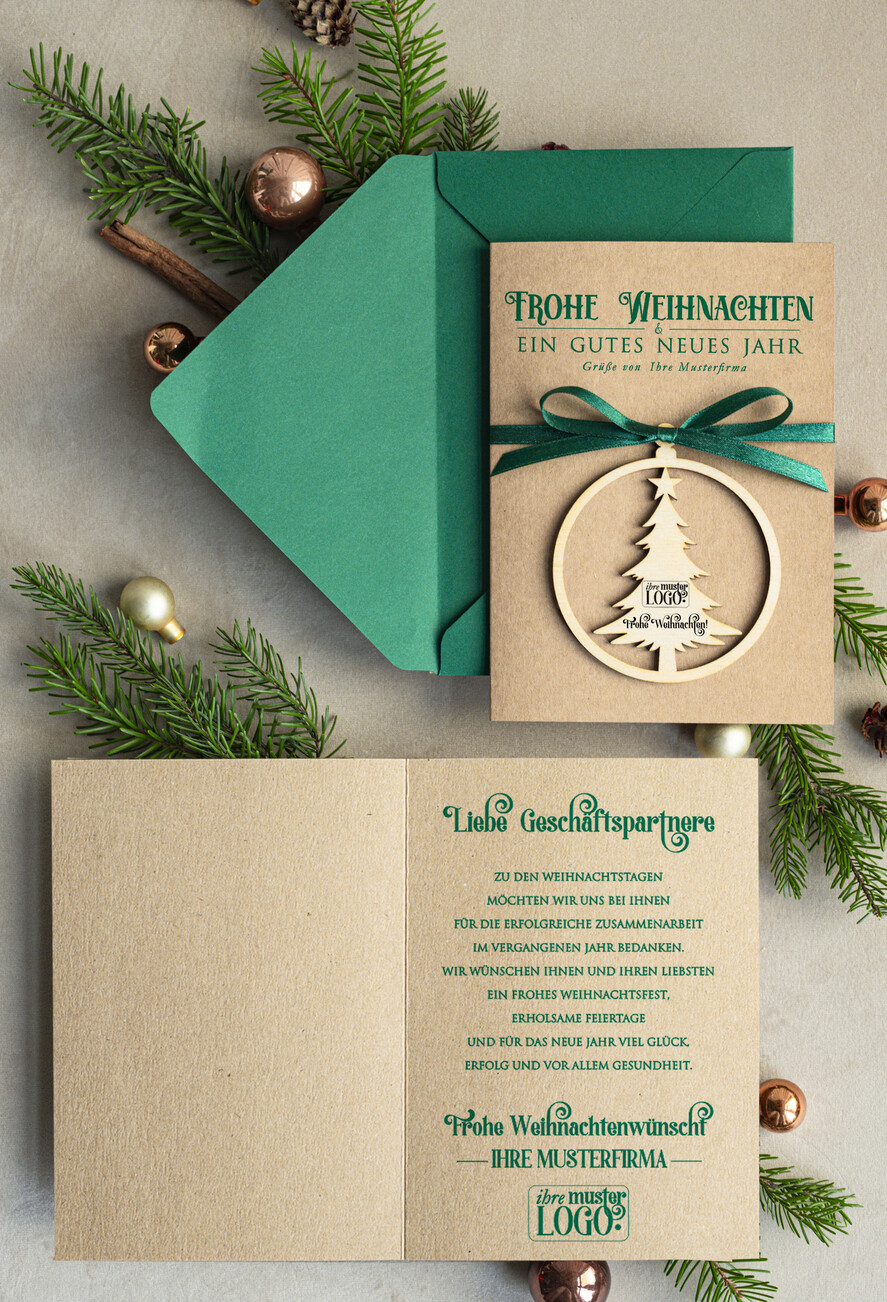 cartes avec pendentif en bois Carte de Noël exclusive avec pendentif en bois avec nœud, cartes de Noël d'entreprise, avec rubans, personnalisées pour entreprises