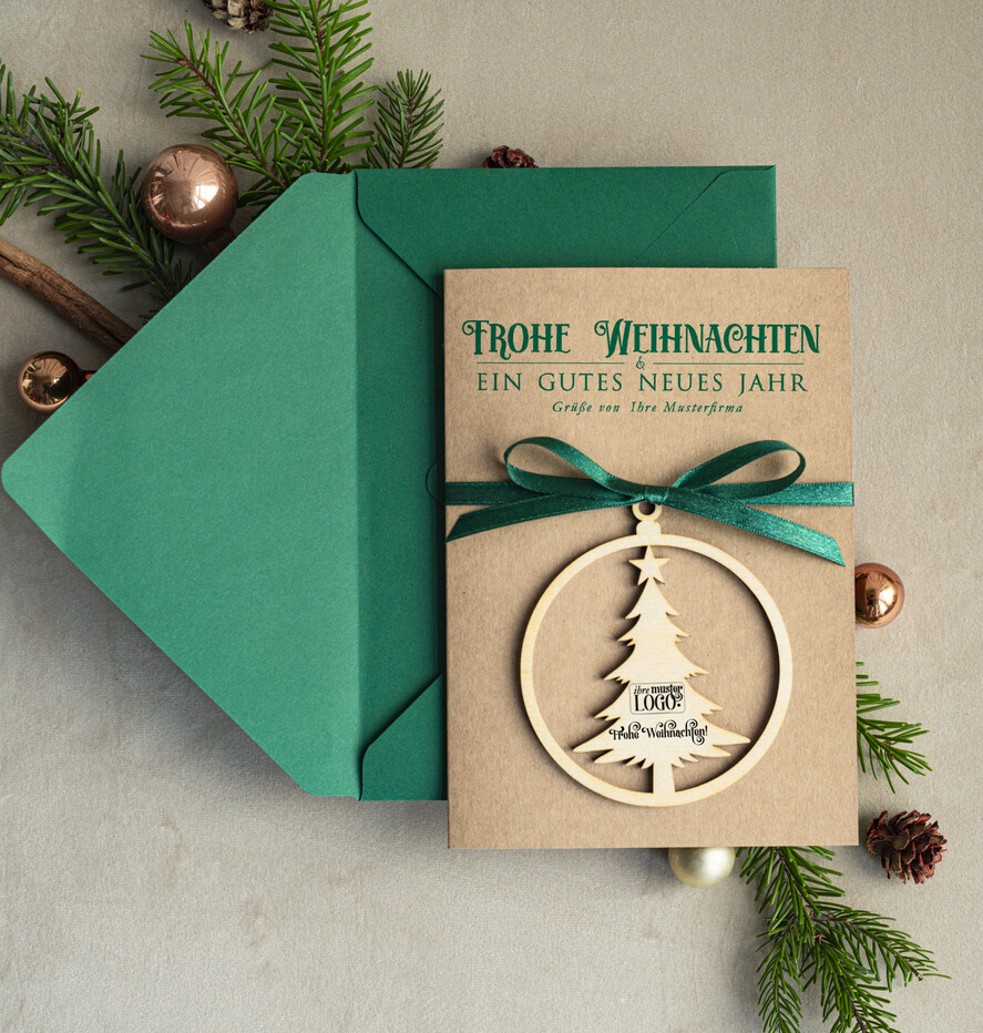 cartes avec pendentif en bois Carte de Noël exclusive avec pendentif en bois avec nœud, cartes de Noël d'entreprise, avec rubans, personnalisées pour entreprises