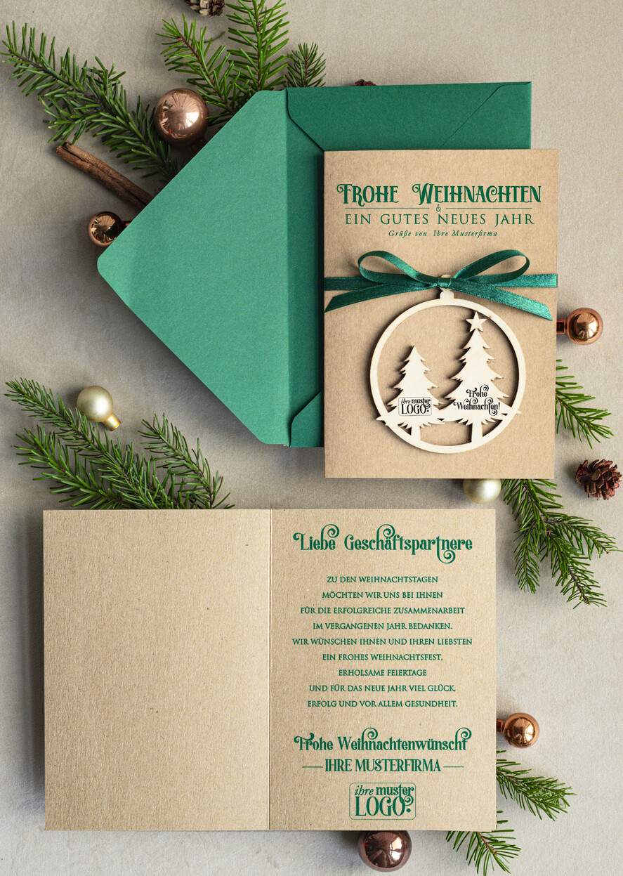 cartes avec pendentif en bois Carte de Noël exclusive avec pendentif en bois avec nœud, cartes de Noël d'entreprise, avec rubans, personnalisées pour entreprises