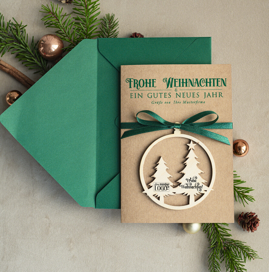 cartes avec pendentif en bois Carte de Noël exclusive avec pendentif en bois avec nœud, cartes de Noël d'entreprise, avec rubans, personnalisées pour entreprises