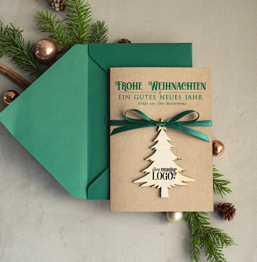 cartes avec pendentif en bois Carte de Noël exclusive avec pendentif en bois avec nœud, cartes de Noël d'entreprise, avec rubans, personnalisées pour entreprises