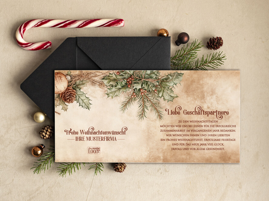 cartes rétro Cartes de Noël rétro pour partenaires commerciaux avec logo, Cartes de Noël pour partenaires commerciaux, Carte de Noël d'entreprise avec enveloppe, Cartes de Noël avec logo d'entreprise et texte