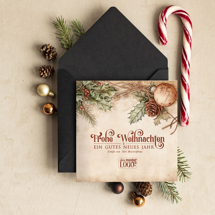 cartes rétro Cartes de Noël rétro pour partenaires commerciaux avec logo, Cartes de Noël pour partenaires commerciaux, Carte de Noël d'entreprise avec enveloppe, Cartes de Noël avec logo d'entreprise et texte