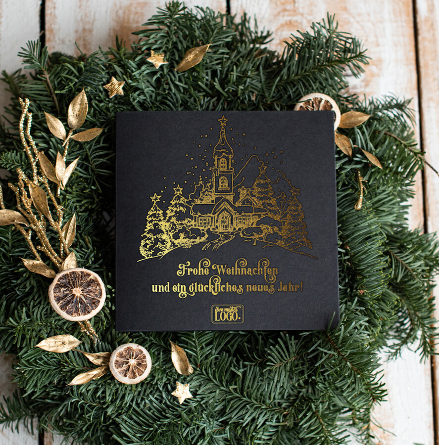 cartes doré Carte de Noël exclusive avec dorure à chaud pour partenaires commerciaux, Cartes de Noël avec dorure à chaud, Cartes de Noël exclusives pour partenaires commerciaux, Carte de Noël d'entreprise élégante, Cartes de Noël avec logo