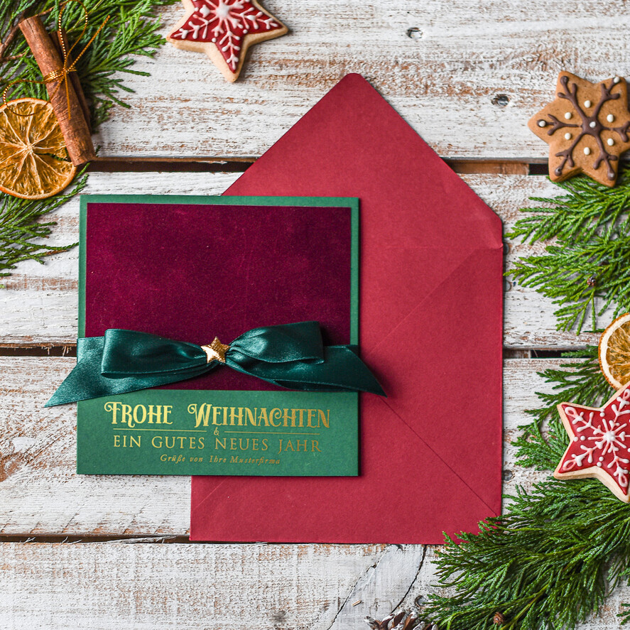 cartes ruban satin doré Cartes de Noël avec dorure à chaud, Cartes de Noël exclusives avec rubans, Cartes de Noël d'entreprise élégantes, Cartes de Noël avec rubans, Cartes de Noël personnalisées pour entreprises