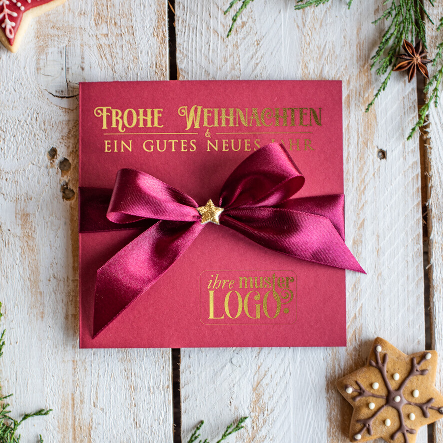 cartes ruban satin doré Cartes de Noël avec dorure à chaud, Cartes de Noël exclusives avec nœuds, Cartes de Noël d'entreprise élégantes, Cartes de Noël avec rubans, Cartes de Noël personnalisées pour entreprises