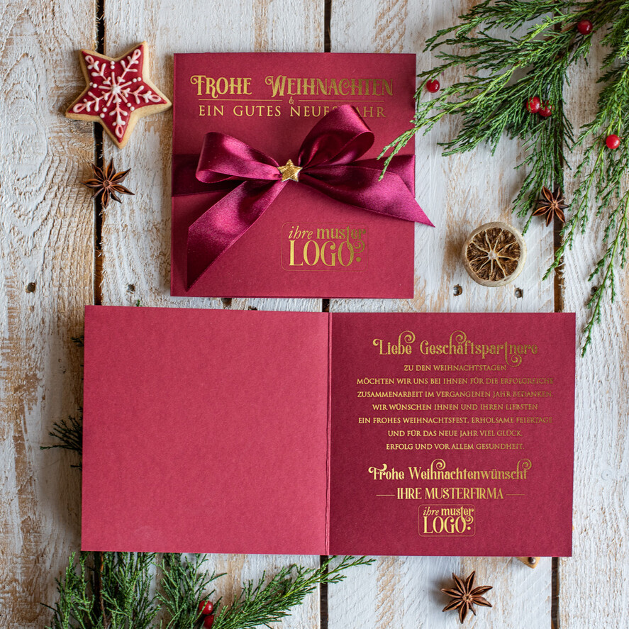 cartes ruban satin doré Cartes de Noël avec dorure à chaud, Cartes de Noël exclusives avec nœuds, Cartes de Noël d'entreprise élégantes, Cartes de Noël avec rubans, Cartes de Noël personnalisées pour entreprises