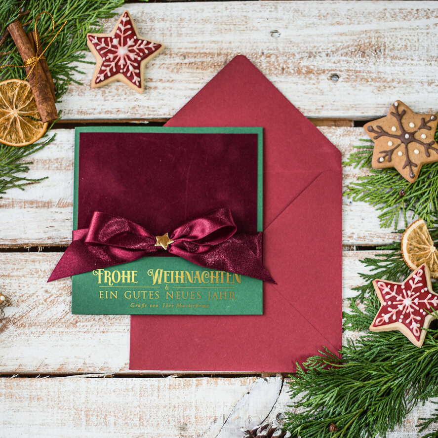 cartes ruban satin doré Cartes de Noël avec dorure à chaud, Cartes de Noël exclusives avec rubans, Cartes de Noël d'entreprise élégantes, Cartes de Noël avec rubans, Cartes de Noël personnalisées pour entreprises